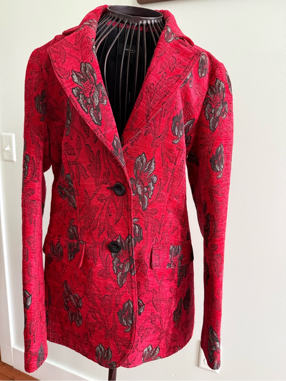 Derek Lam Red Floral Jacquard Blazer with Black Accents